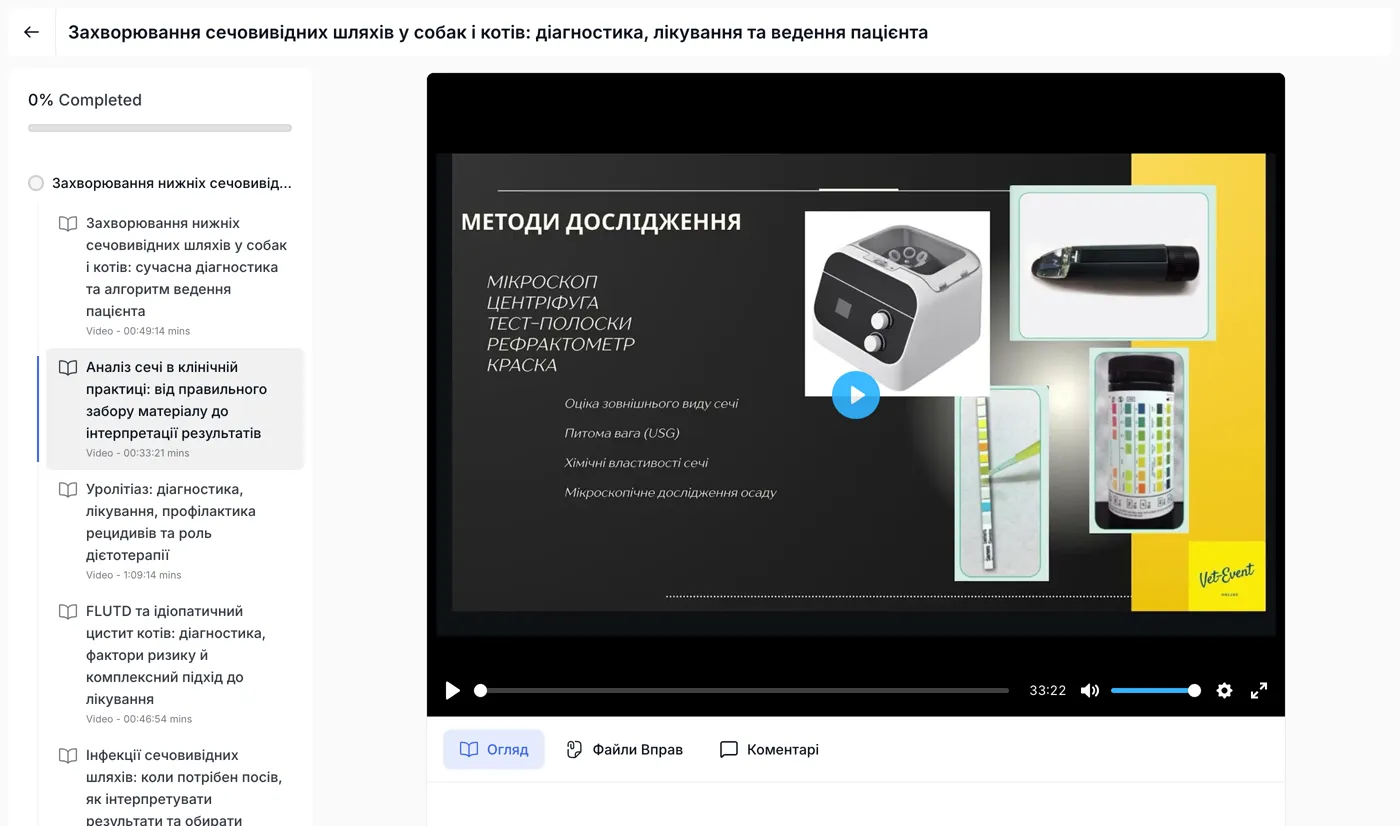 VetEvent lesson: video and the topic list with completion marks
