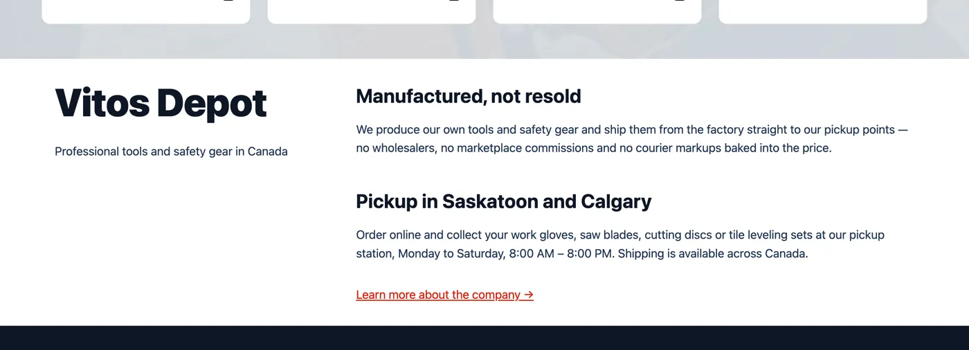 “Manufactured, not resold” block on the Vitos Depot home page