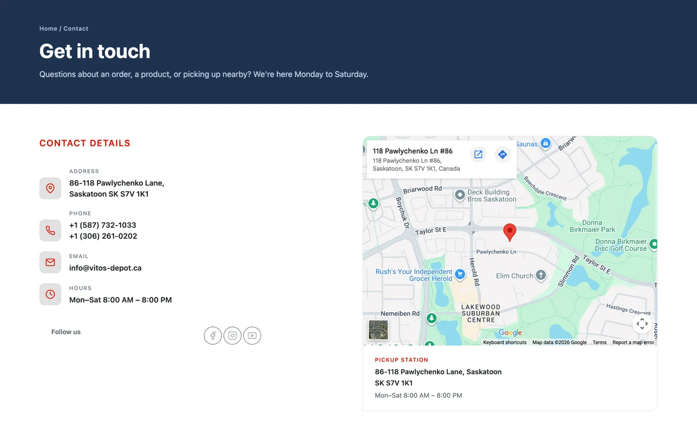 Vitos Depot contact page with a map and the Saskatoon pickup point